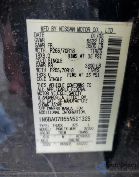 2005 Nissan Titan Xe from USA, damaged, VIN 1N6BA07B65N521325